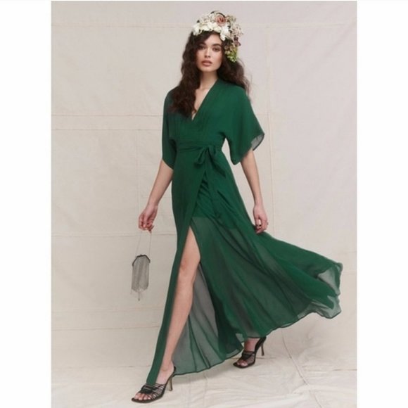 Reformation Dresses & Skirts - REFORMATION | Winslow Dress Emerald Green Wrap V Neck Slit Maxi Small S